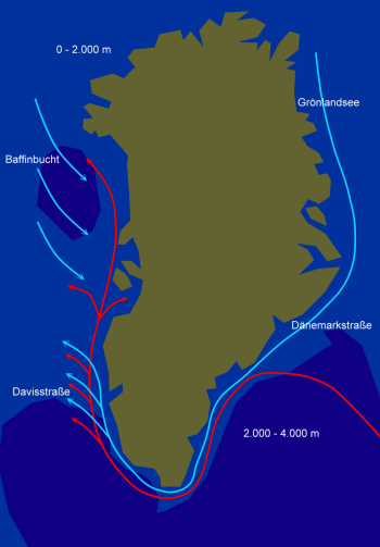 Meeresströmungen und Wassetiefe um Grönland